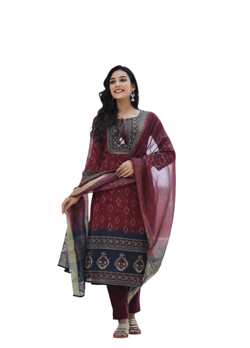Royal Maroon Printed Chanderi Kurta Pant Set with Dupatta - swadeshsouq.com
