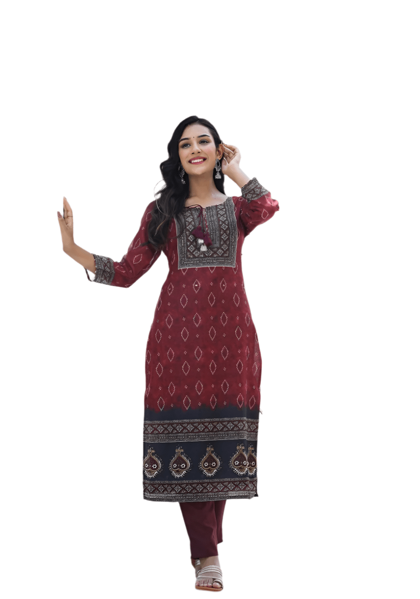 Royal Maroon Printed Chanderi Kurta Pant Set with Dupatta - swadeshsouq.com