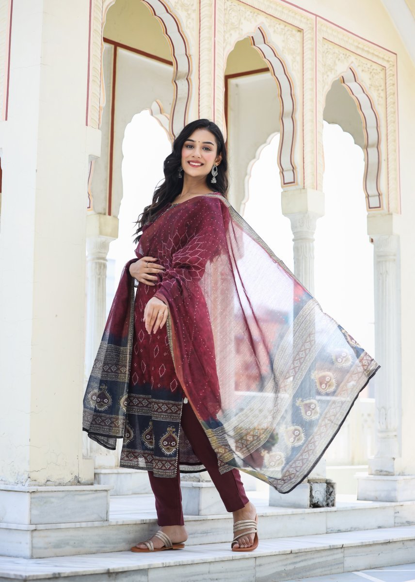 Royal Maroon Printed Chanderi Kurta Pant Set with Dupatta - swadeshsouq.com