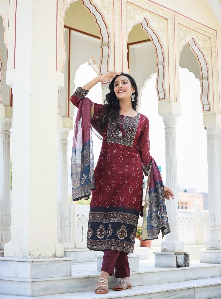 Royal Maroon Printed Chanderi Kurta Pant Set with Dupatta - swadeshsouq.com