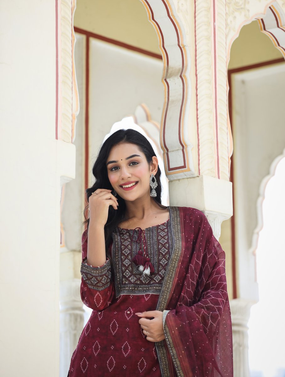 Royal Maroon Printed Chanderi Kurta Pant Set with Dupatta - swadeshsouq.com