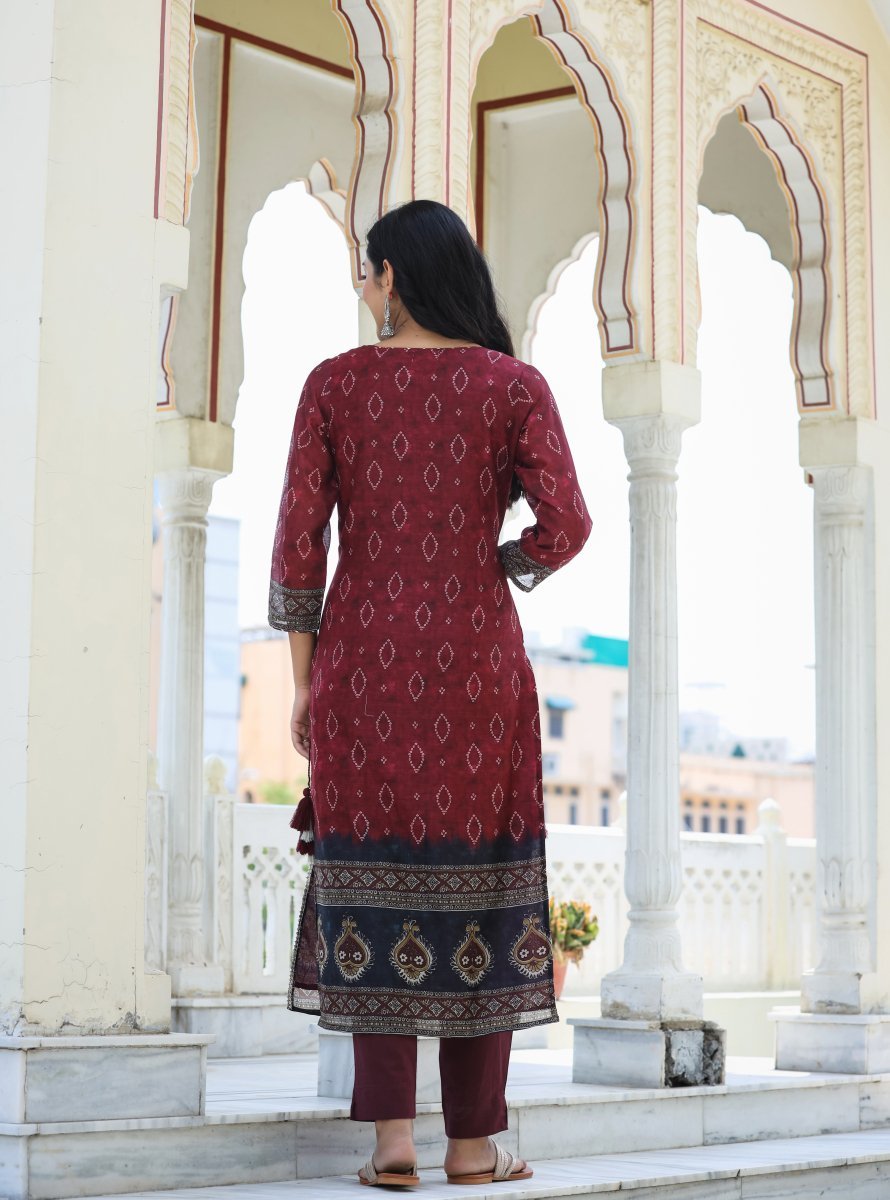 Royal Maroon Printed Chanderi Kurta Pant Set with Dupatta - swadeshsouq.com