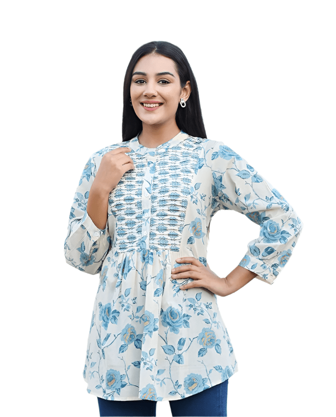 Serene Sky Blue Floral Printed Cotton Top - swadeshsouq.com
