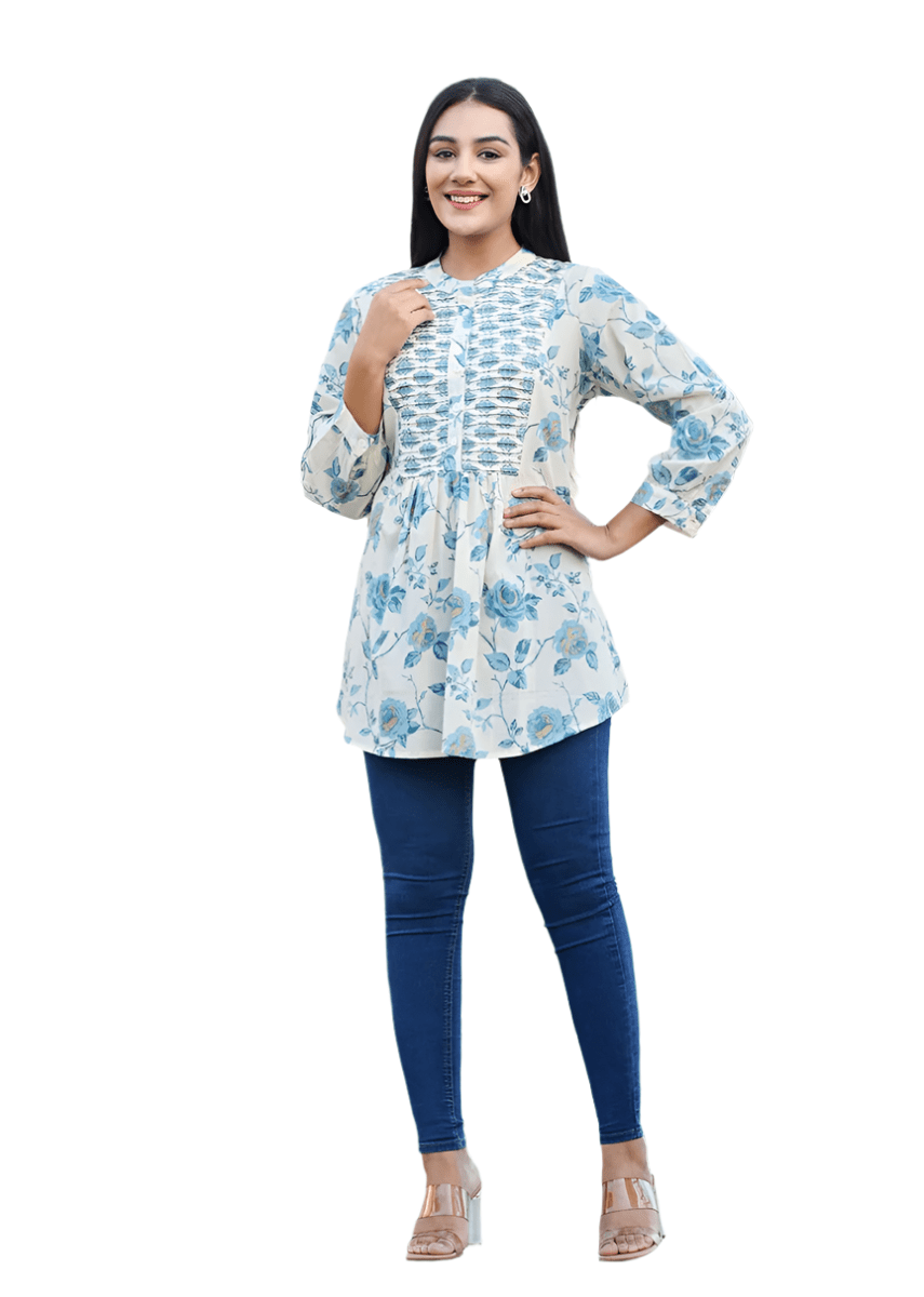 Serene Sky Blue Floral Printed Cotton Top - swadeshsouq.com
