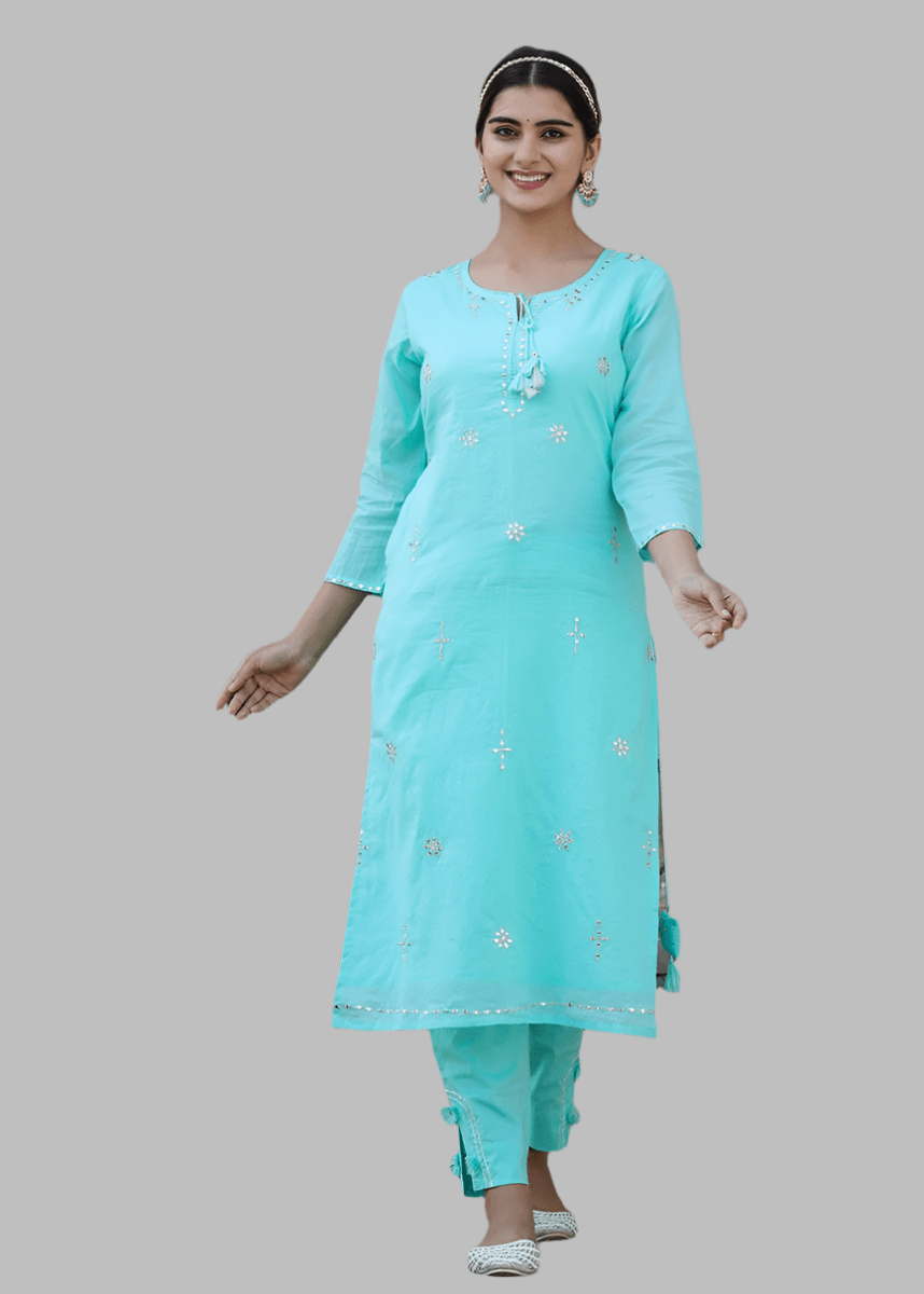 Sky Blue Serenity Mirror Embellished Cotton Suit Set - swadeshsouq.com
