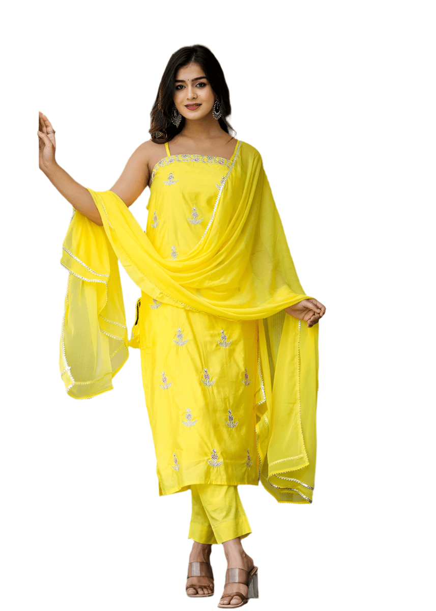 Sunlit Yellow Sleeveless Silk Kurta Pant Set with Dupatta - swadeshsouq.com