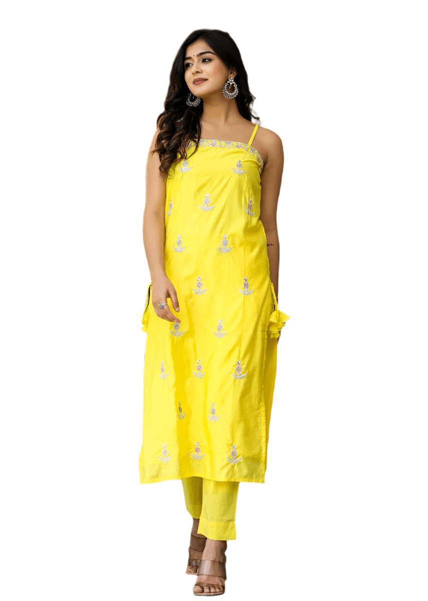 Sunlit Yellow Sleeveless Silk Kurta Pant Set with Dupatta - swadeshsouq.com