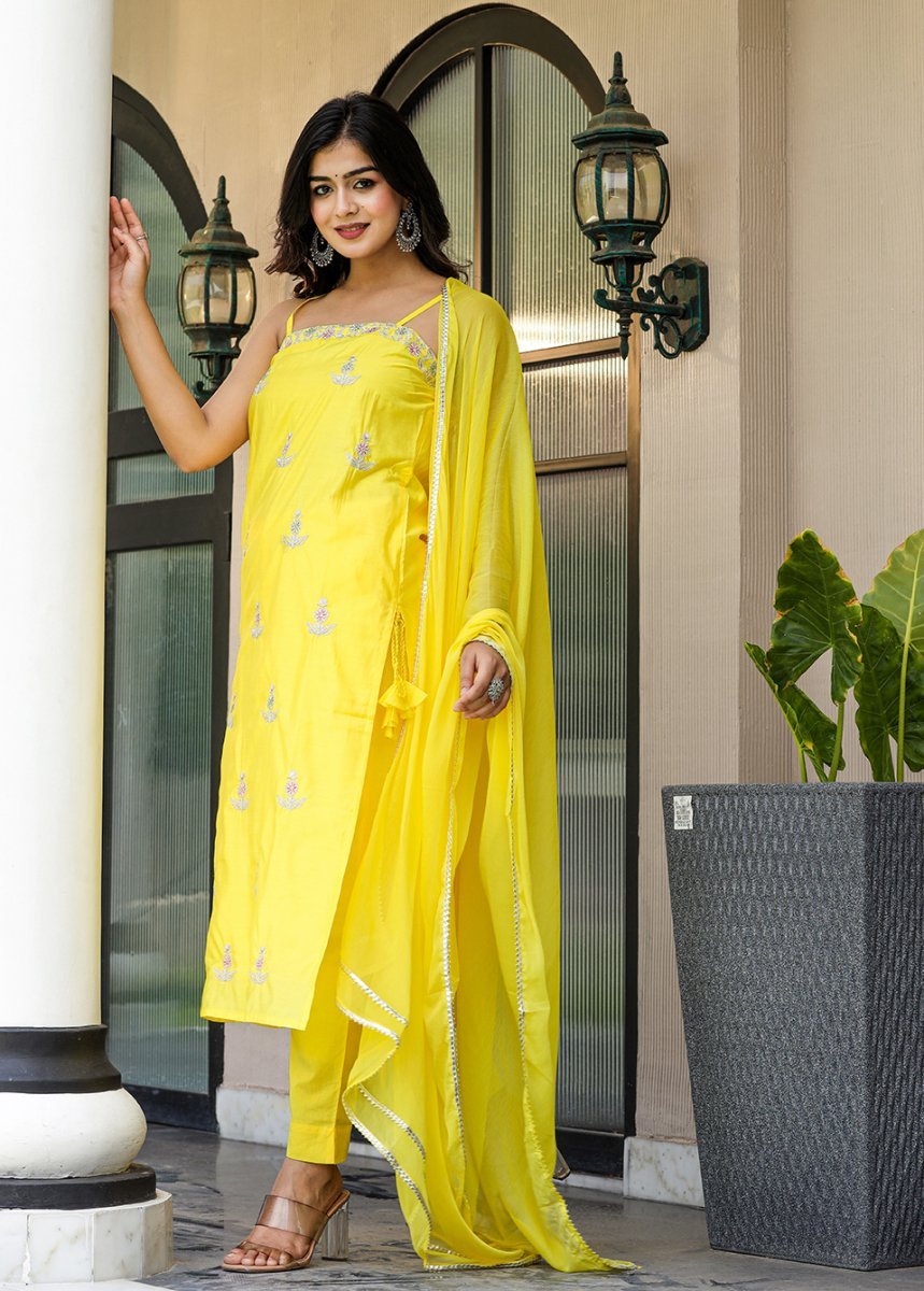 Sunlit Yellow Sleeveless Silk Kurta Pant Set with Dupatta - swadeshsouq.com