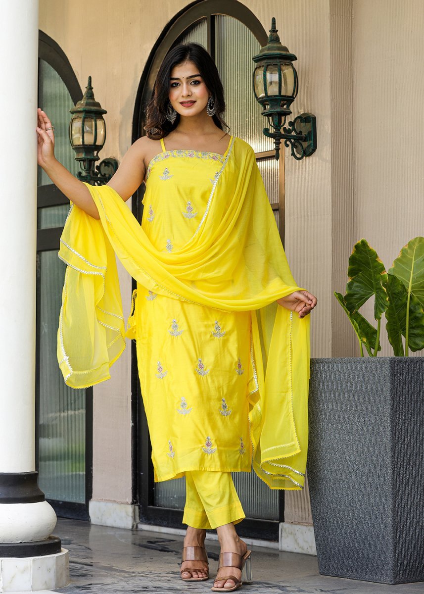 Sunlit Yellow Sleeveless Silk Kurta Pant Set with Dupatta - swadeshsouq.com