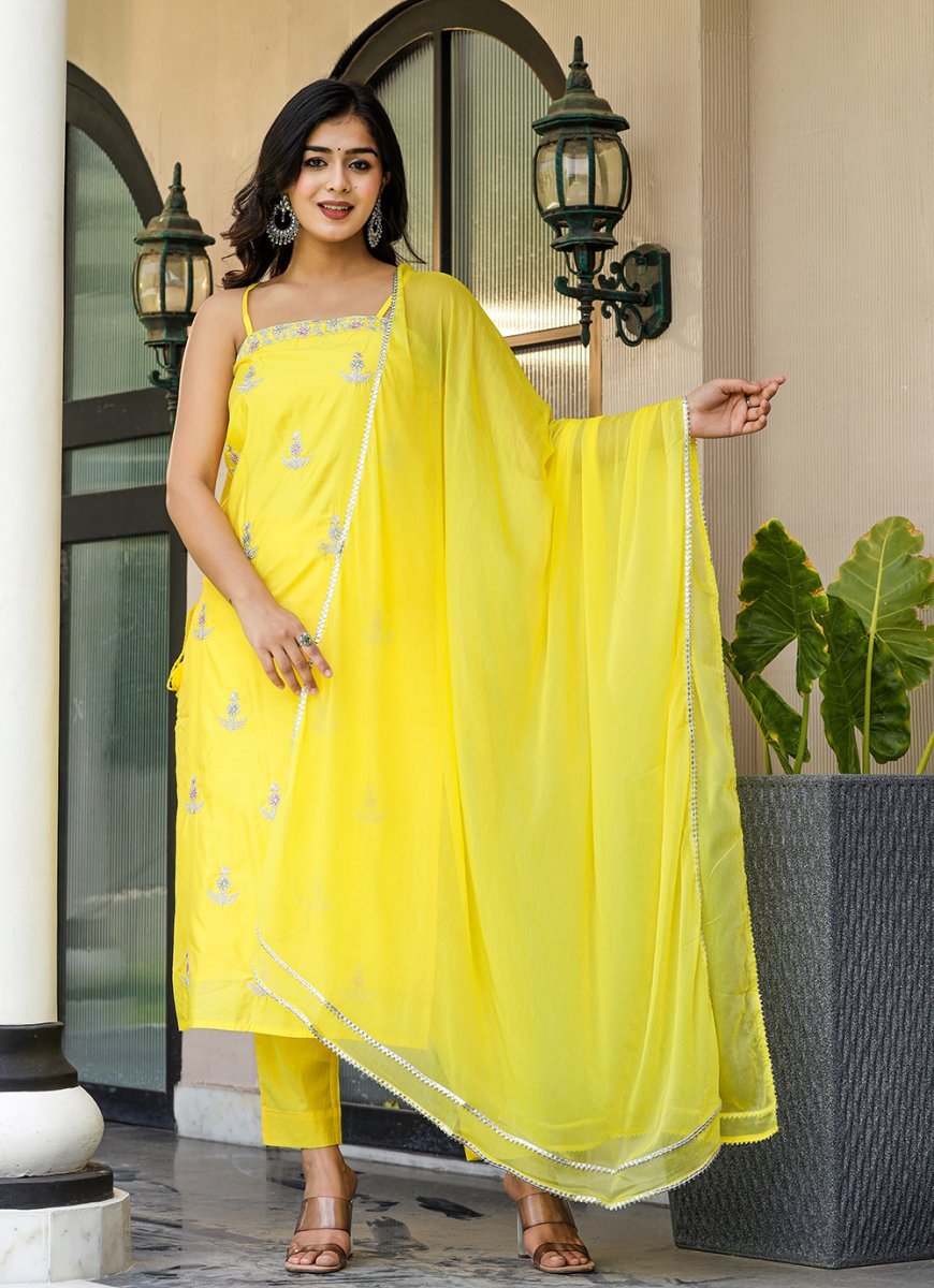 Sunlit Yellow Sleeveless Silk Kurta Pant Set with Dupatta - swadeshsouq.com