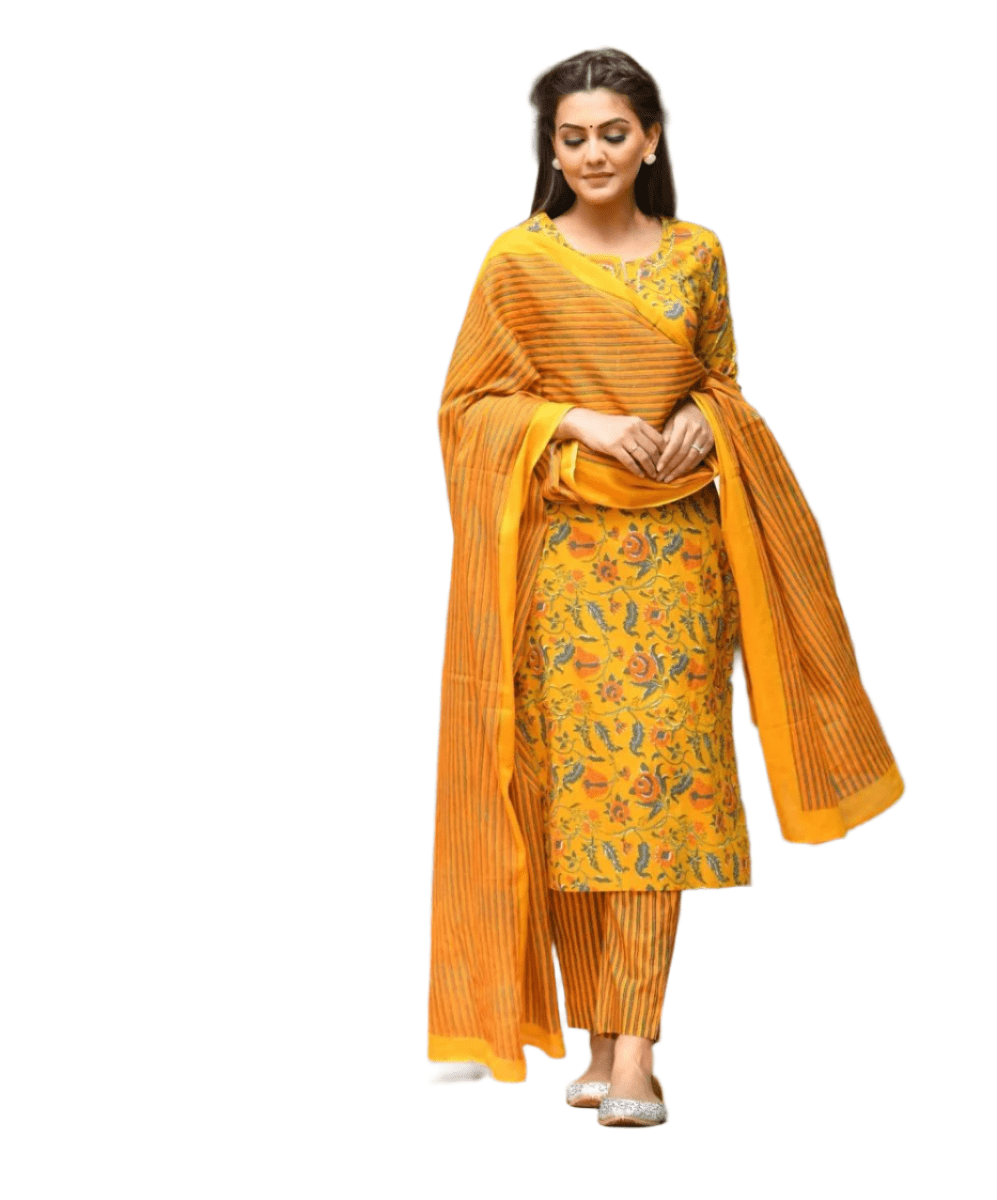 Sunny Bloom Yellow Floral Printed Cotton Suit Set - swadeshsouq.com