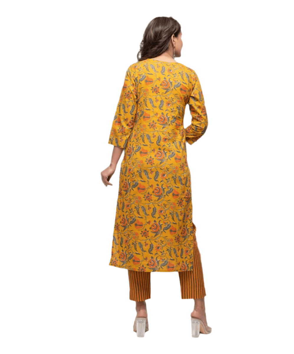 Sunny Bloom Yellow Floral Printed Cotton Suit Set - swadeshsouq.com