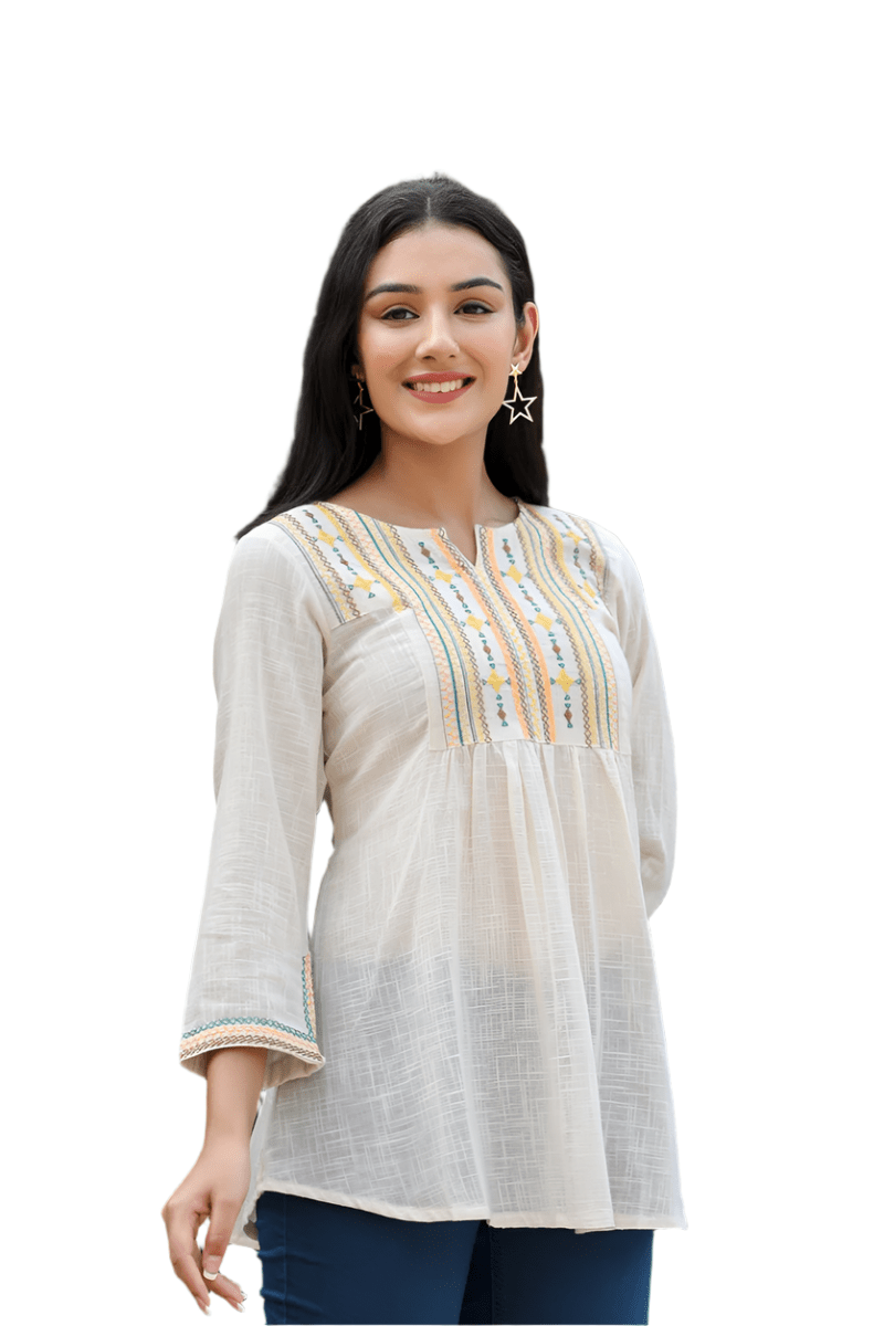 Timeless Grace Off White Solid Cotton Top - swadeshsouq.com