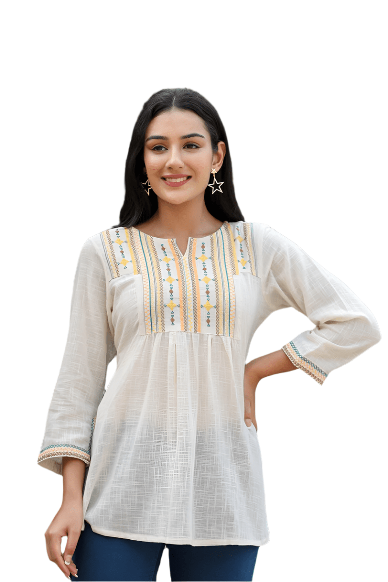 Timeless Grace Off White Solid Cotton Top - swadeshsouq.com