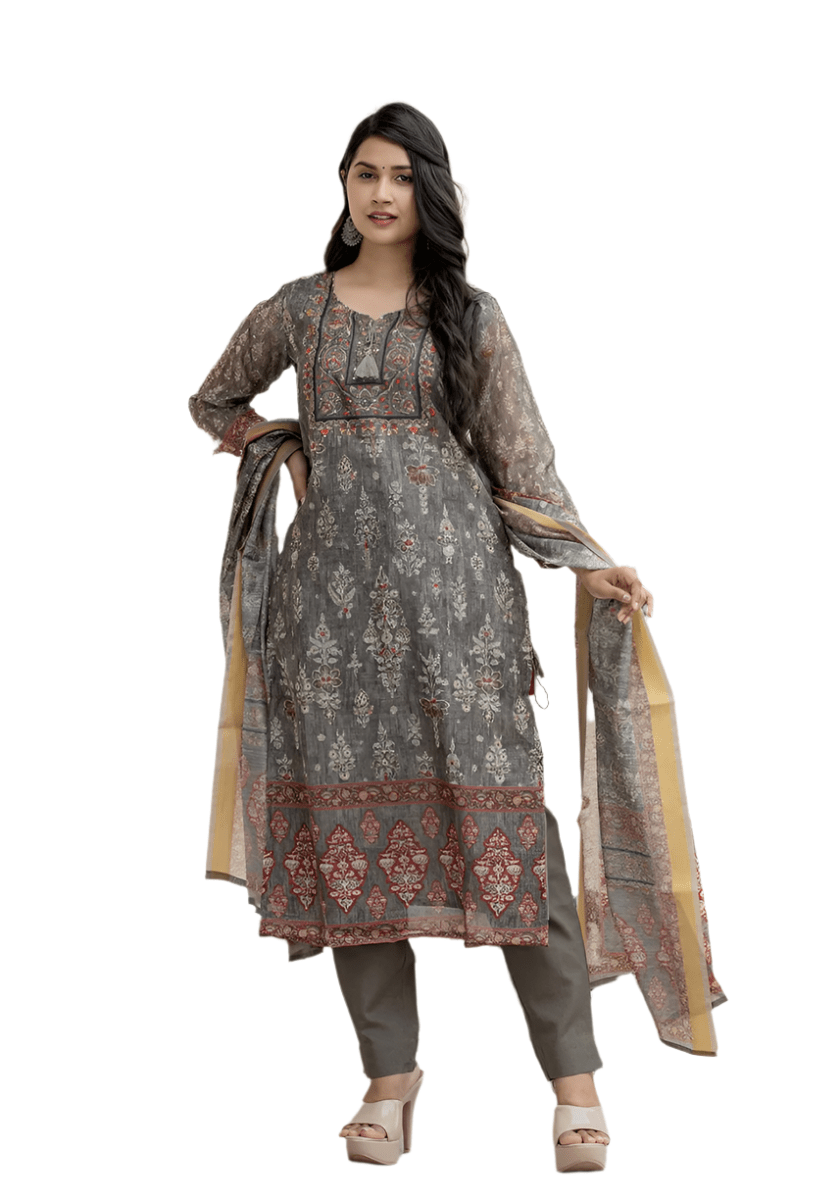 Tranquil Grey - Green Digital Print Chanderi Kurta Pant Set with Dupatta - swadeshsouq.com