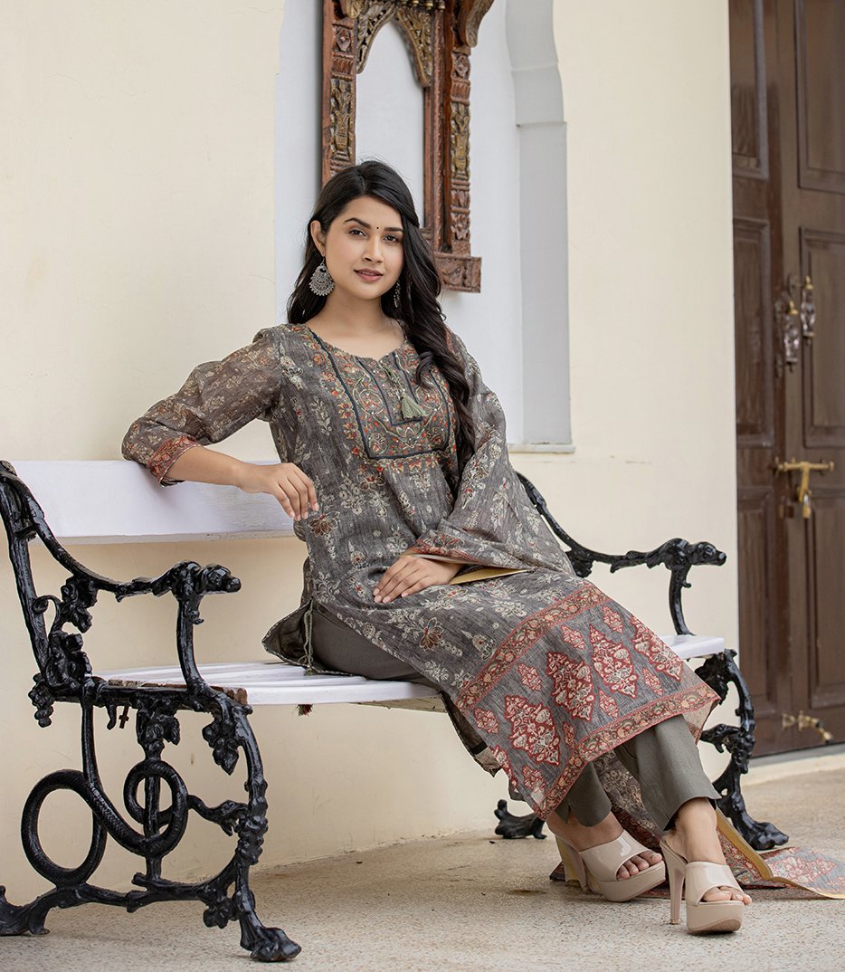 Tranquil Grey - Green Digital Print Chanderi Kurta Pant Set with Dupatta - swadeshsouq.com
