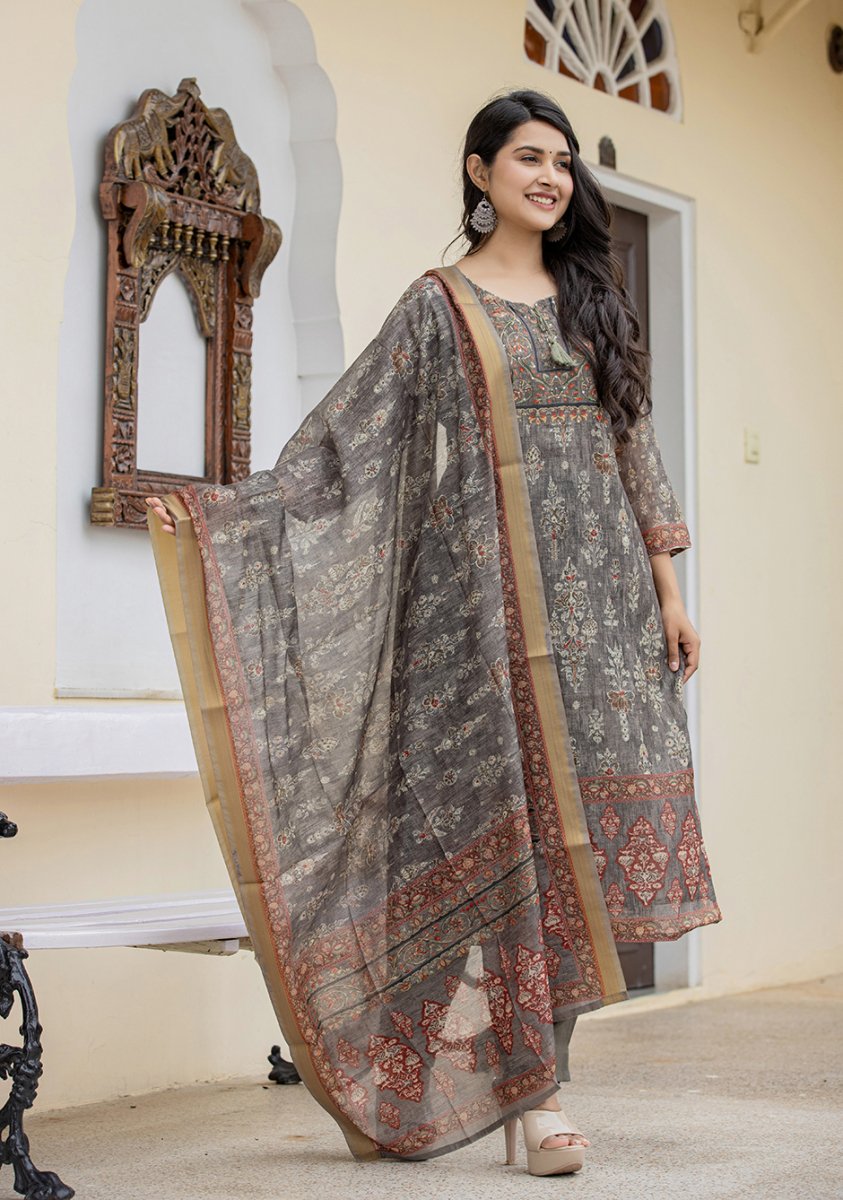 Tranquil Grey - Green Digital Print Chanderi Kurta Pant Set with Dupatta - swadeshsouq.com