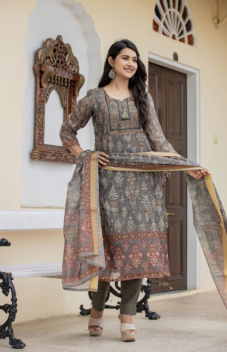 Tranquil Grey - Green Digital Print Chanderi Kurta Pant Set with Dupatta - swadeshsouq.com