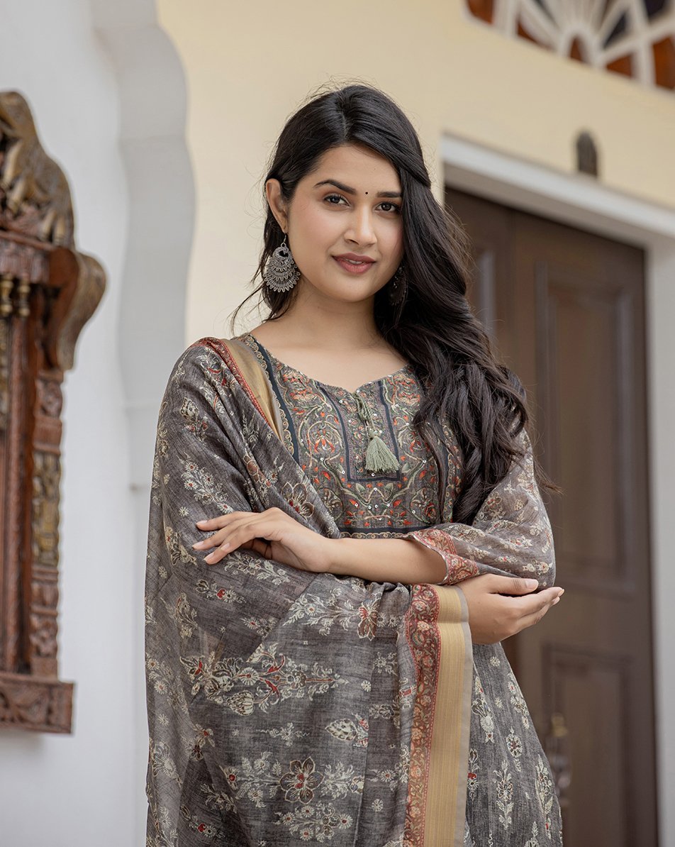 Tranquil Grey - Green Digital Print Chanderi Kurta Pant Set with Dupatta - swadeshsouq.com