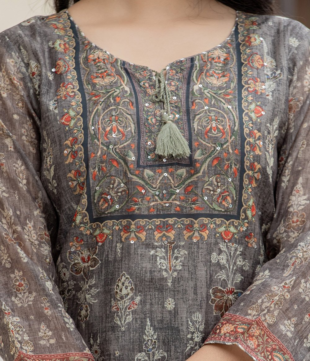 Tranquil Grey - Green Digital Print Chanderi Kurta Pant Set with Dupatta - swadeshsouq.com