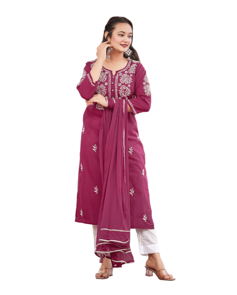 Wine Red Lucknowi Chikankari Cotton Kurta Set with Dupatta - swadeshsouq.com
