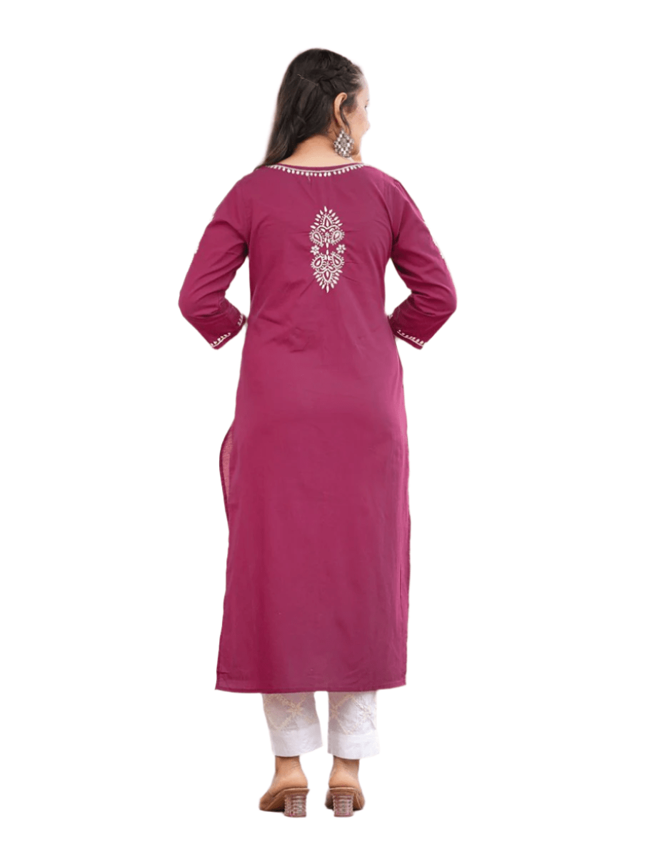 Wine Red Lucknowi Chikankari Cotton Kurta Set with Dupatta - swadeshsouq.com