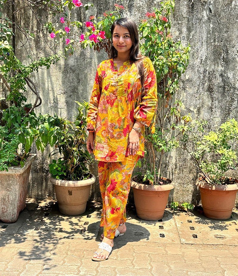 Yellow Floral Butter Cotton Co - ord Set – Sunny Elegance Meets Comfort - swadeshsouq.com