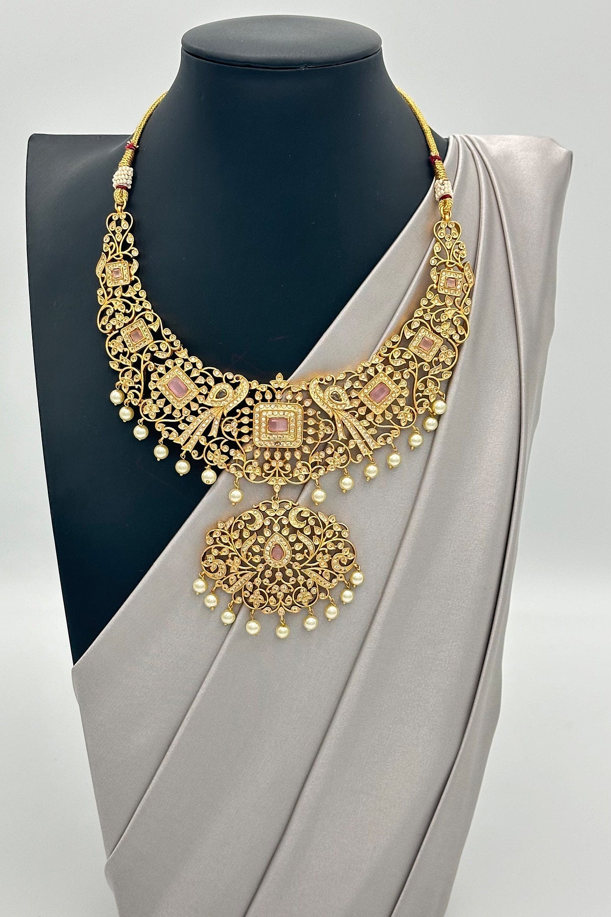 CZ Stone & Pearl Necklace Ensemble - swadeshsouq.com