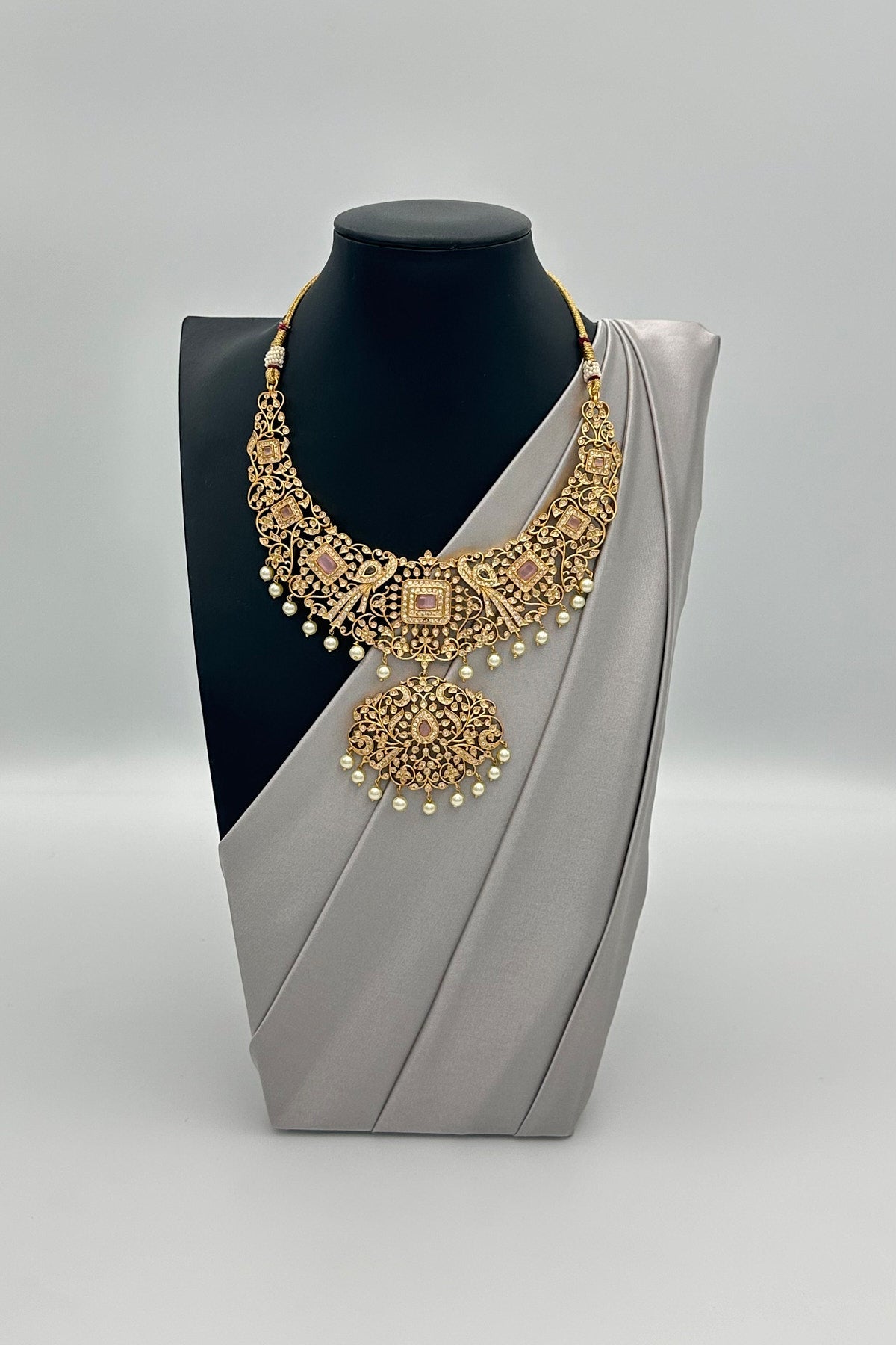 CZ Stone & Pearl Necklace Ensemble - swadeshsouq.com