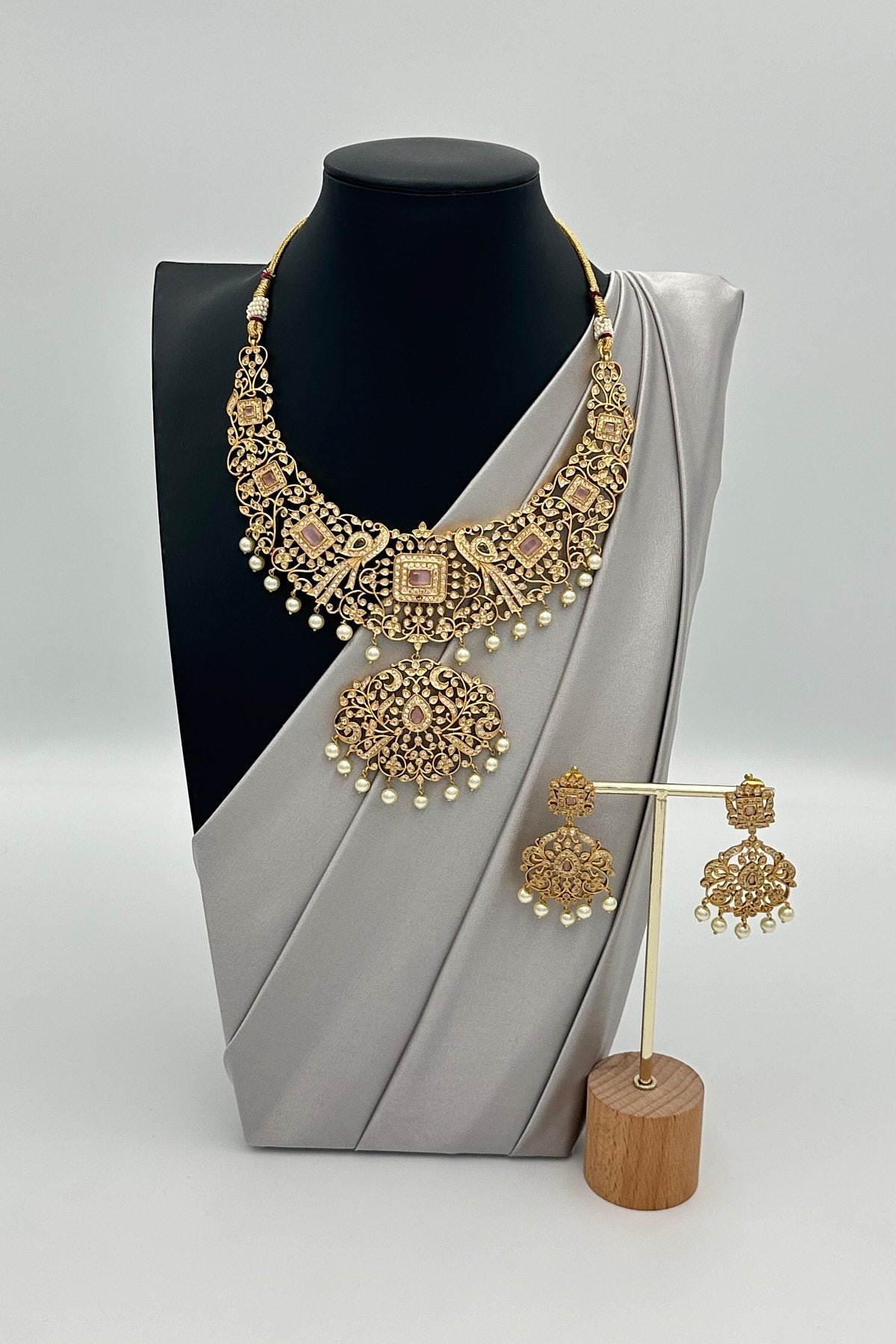 CZ Stone & Pearl Necklace Ensemble - swadeshsouq.com