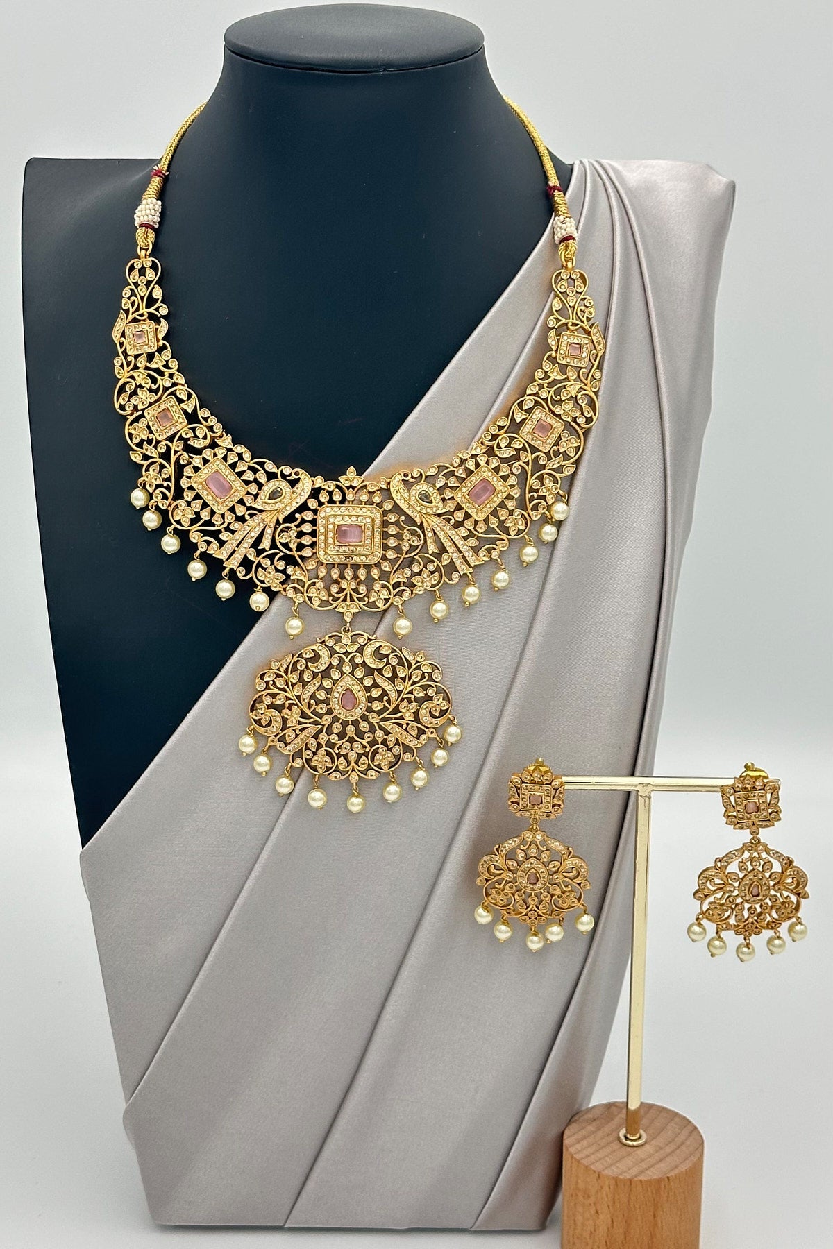 CZ Stone & Pearl Necklace Ensemble - swadeshsouq.com