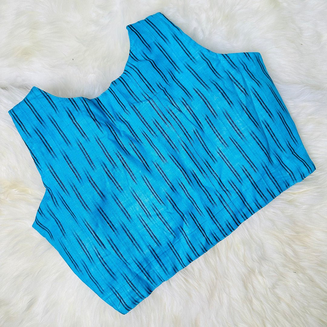 Ikat Symphony: Pure Cotton Blouse with V-Neck and Ikat Weave Design. - swadeshsouq.com