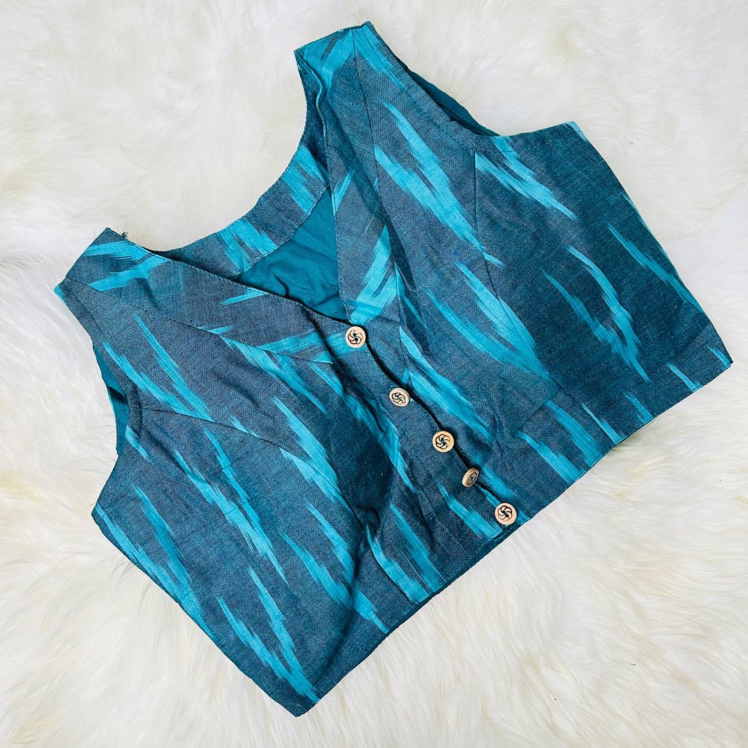 Ikat Symphony: Pure Cotton Blouse with V-Neck and Ikat Weave Design. - swadeshsouq.com