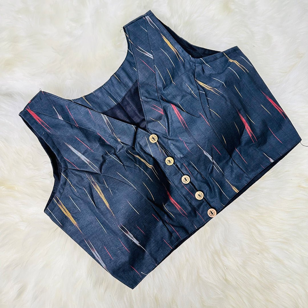 Ikat Symphony: Pure Cotton Blouse with V-Neck and Ikat Weave Design. - swadeshsouq.com