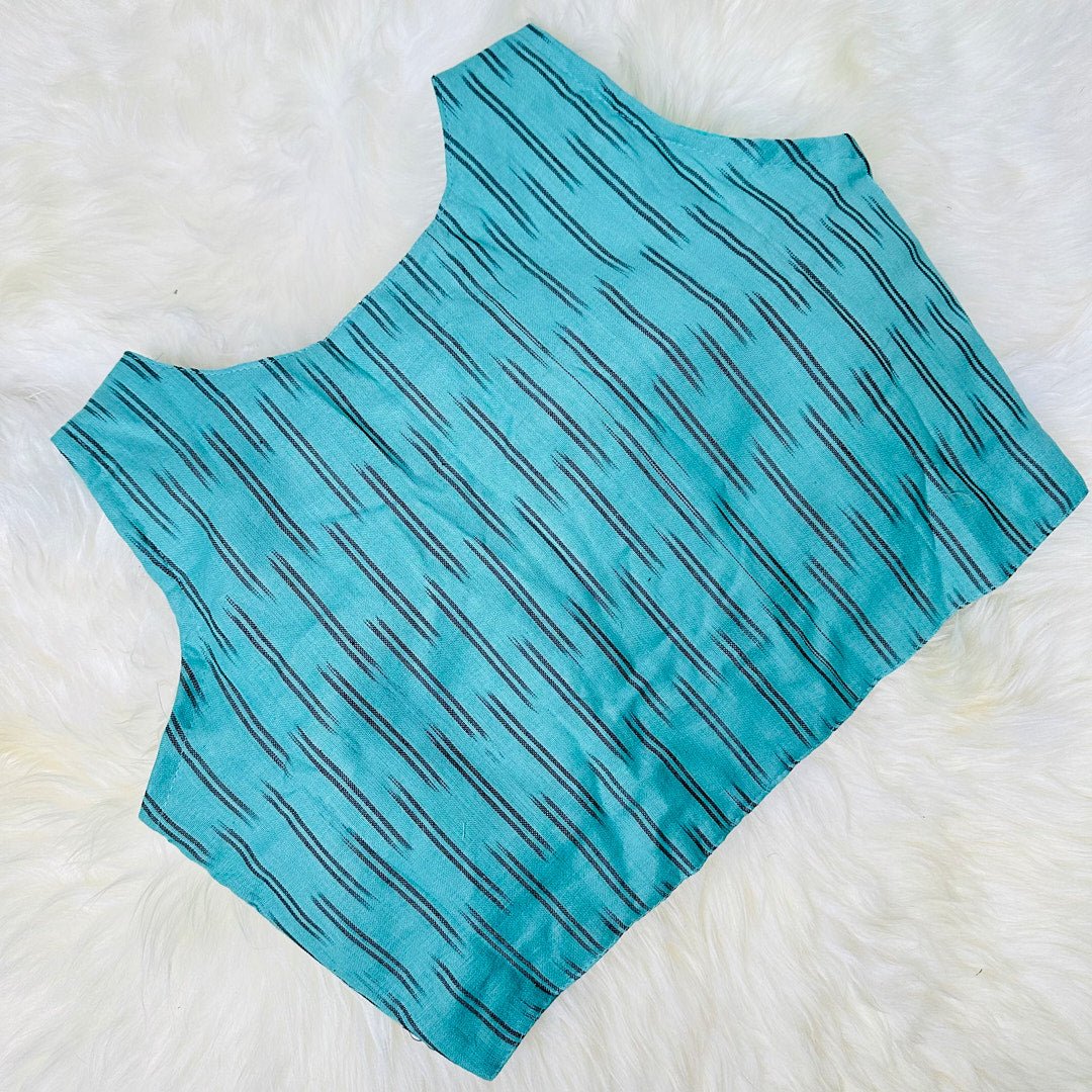 Ikat Symphony: Pure Cotton Blouse with V-Neck and Ikat Weave Design. - swadeshsouq.com