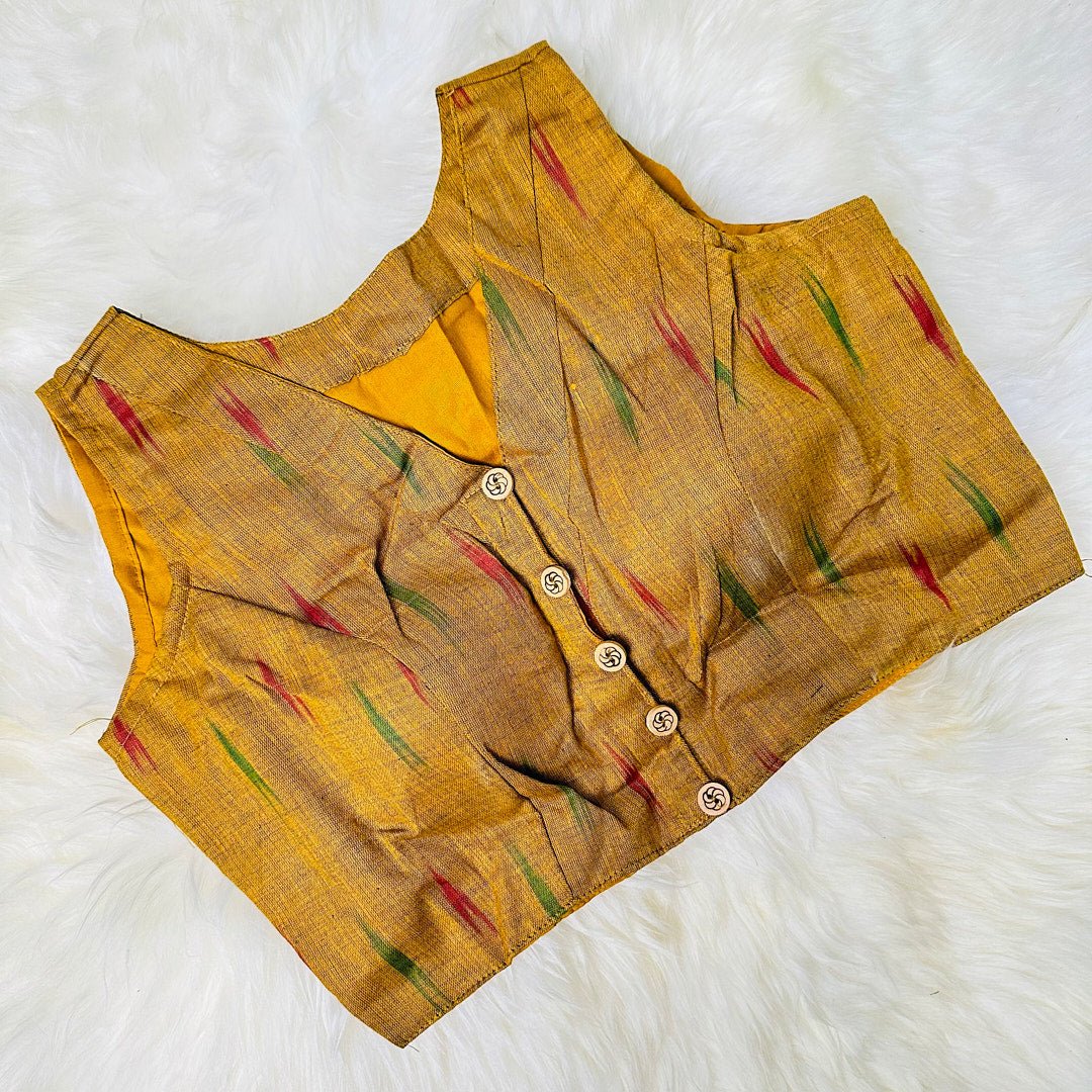 Ikat Symphony: Pure Cotton Blouse with V-Neck and Ikat Weave Design. - swadeshsouq.com