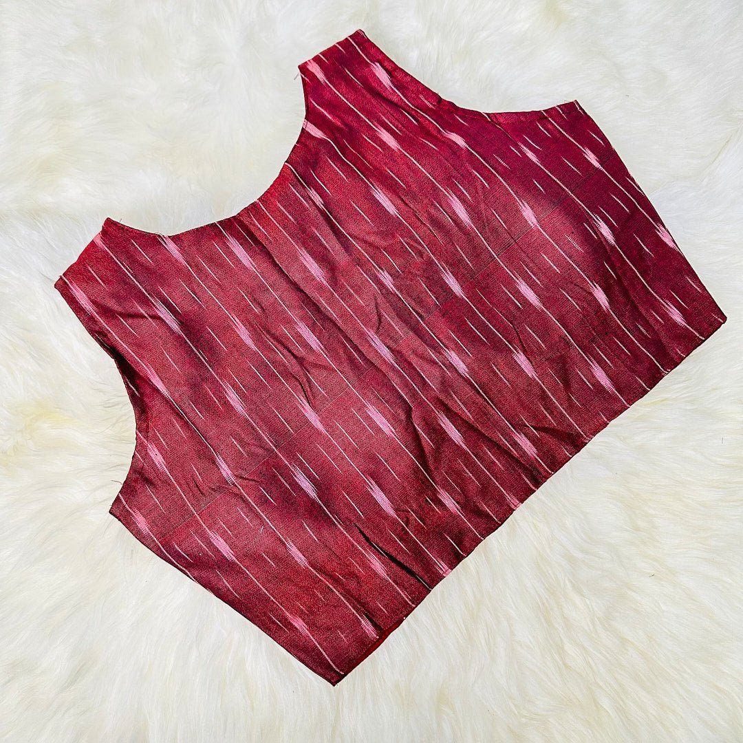 Ikat Symphony: Pure Cotton Blouse with V-Neck and Ikat Weave Design. - swadeshsouq.com