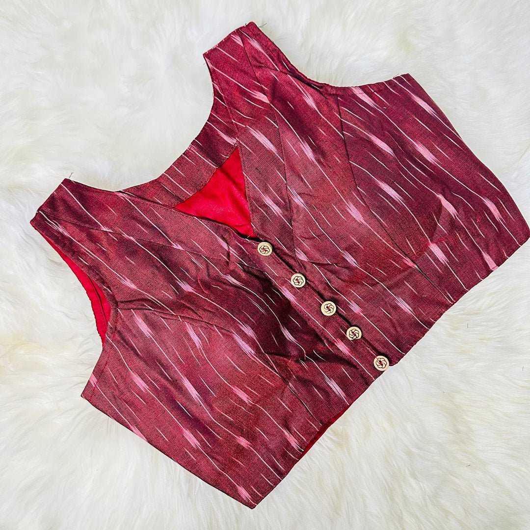 Ikat Symphony: Pure Cotton Blouse with V-Neck and Ikat Weave Design. - swadeshsouq.com