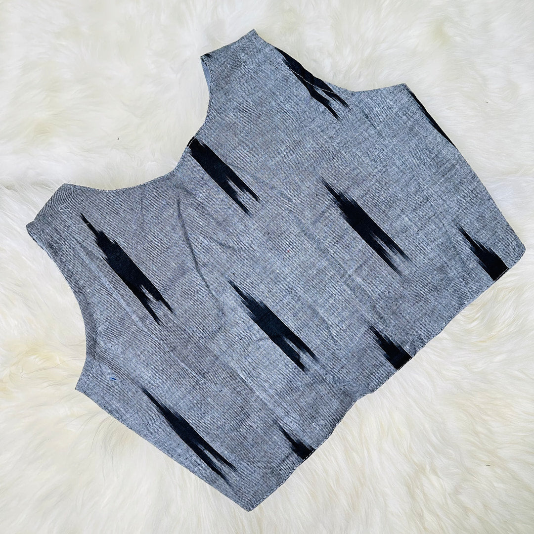 Ikat Symphony: Pure Cotton Blouse with V-Neck and Ikat Weave Design. - swadeshsouq.com