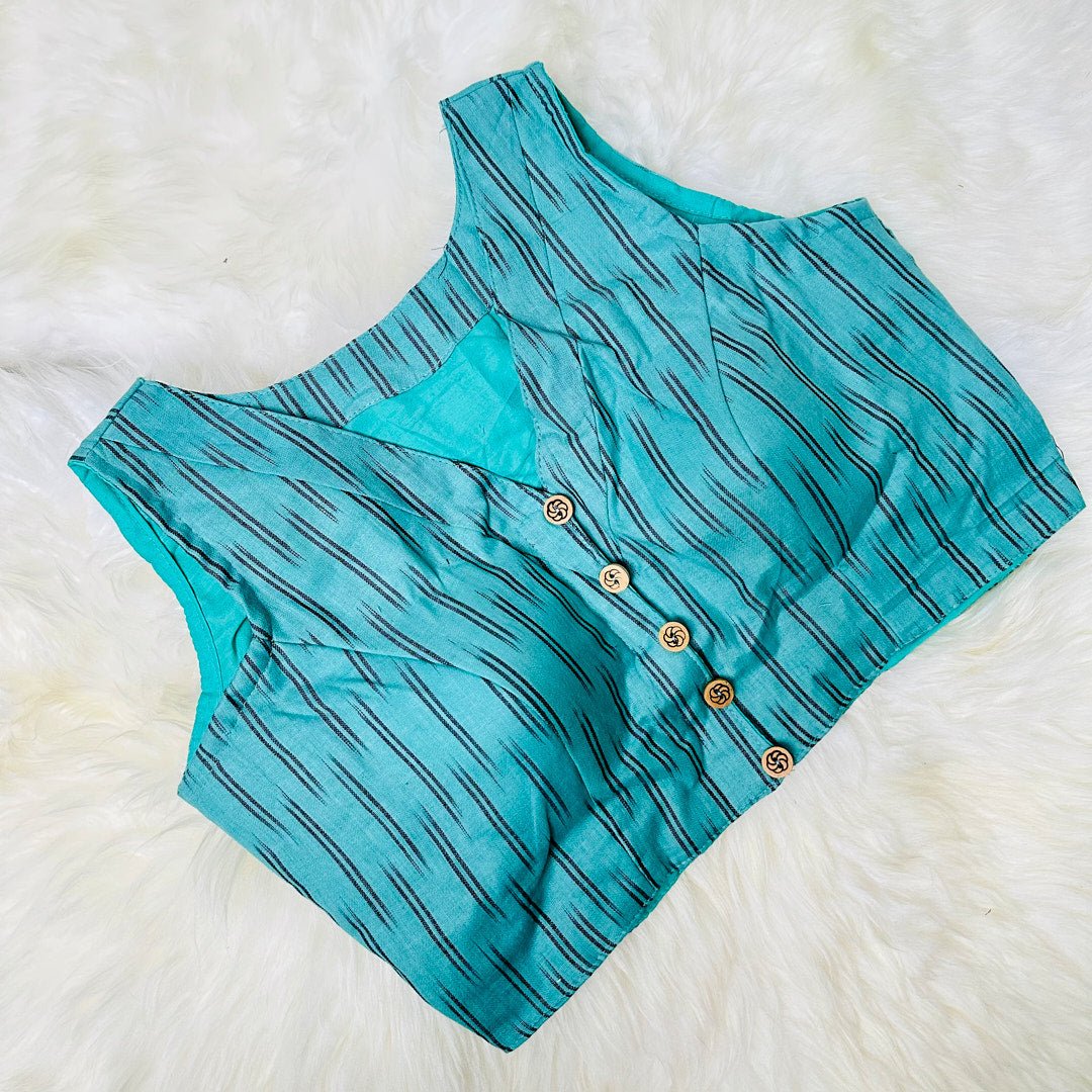 Ikat Symphony: Pure Cotton Blouse with V-Neck and Ikat Weave Design. - swadeshsouq.com