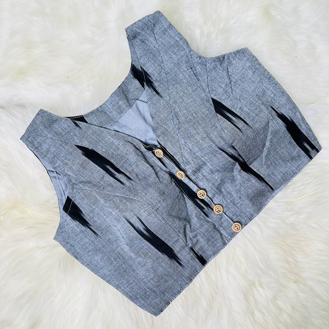 Ikat Symphony: Pure Cotton Blouse with V-Neck and Ikat Weave Design. - swadeshsouq.com