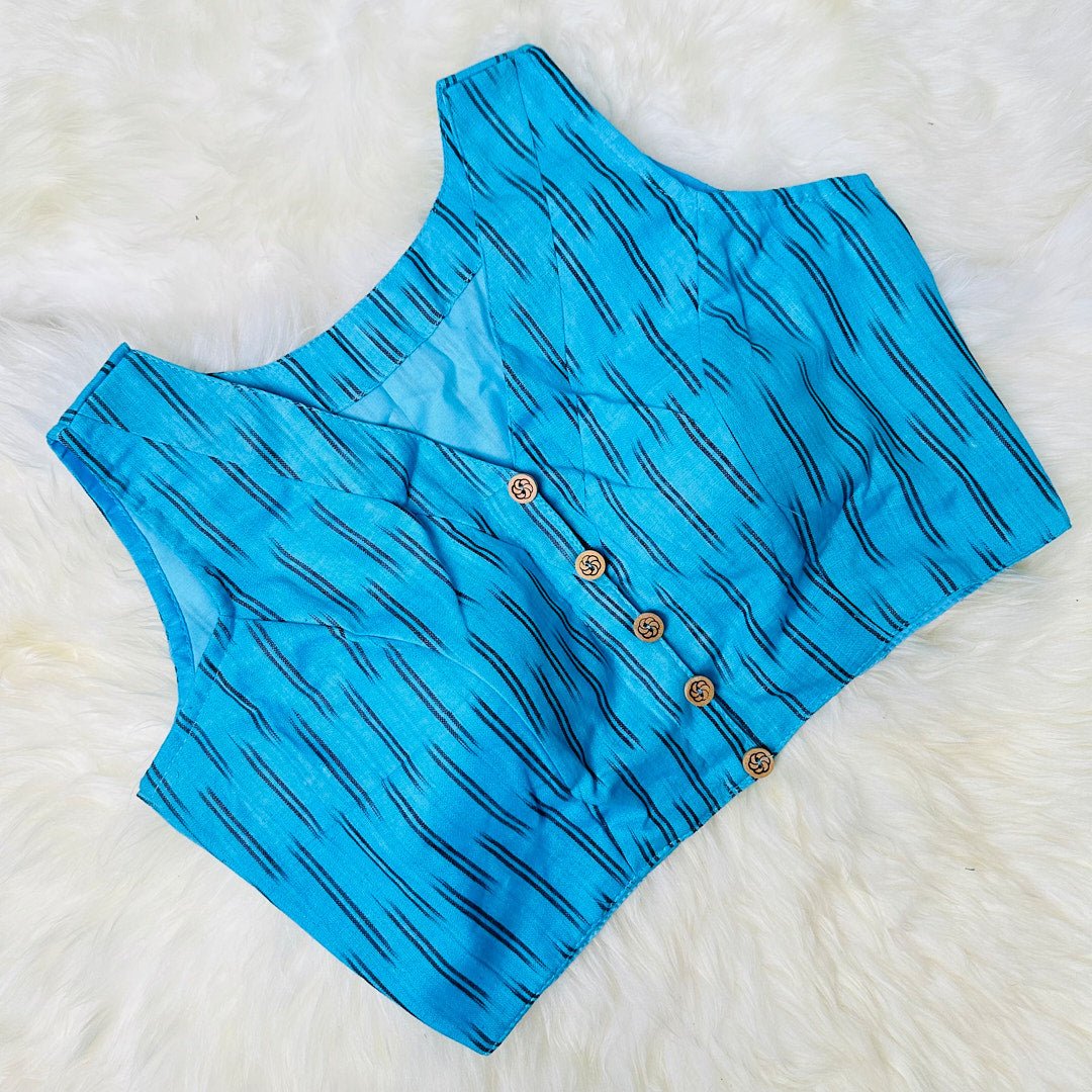 Ikat Symphony: Pure Cotton Blouse with V-Neck and Ikat Weave Design. - swadeshsouq.com