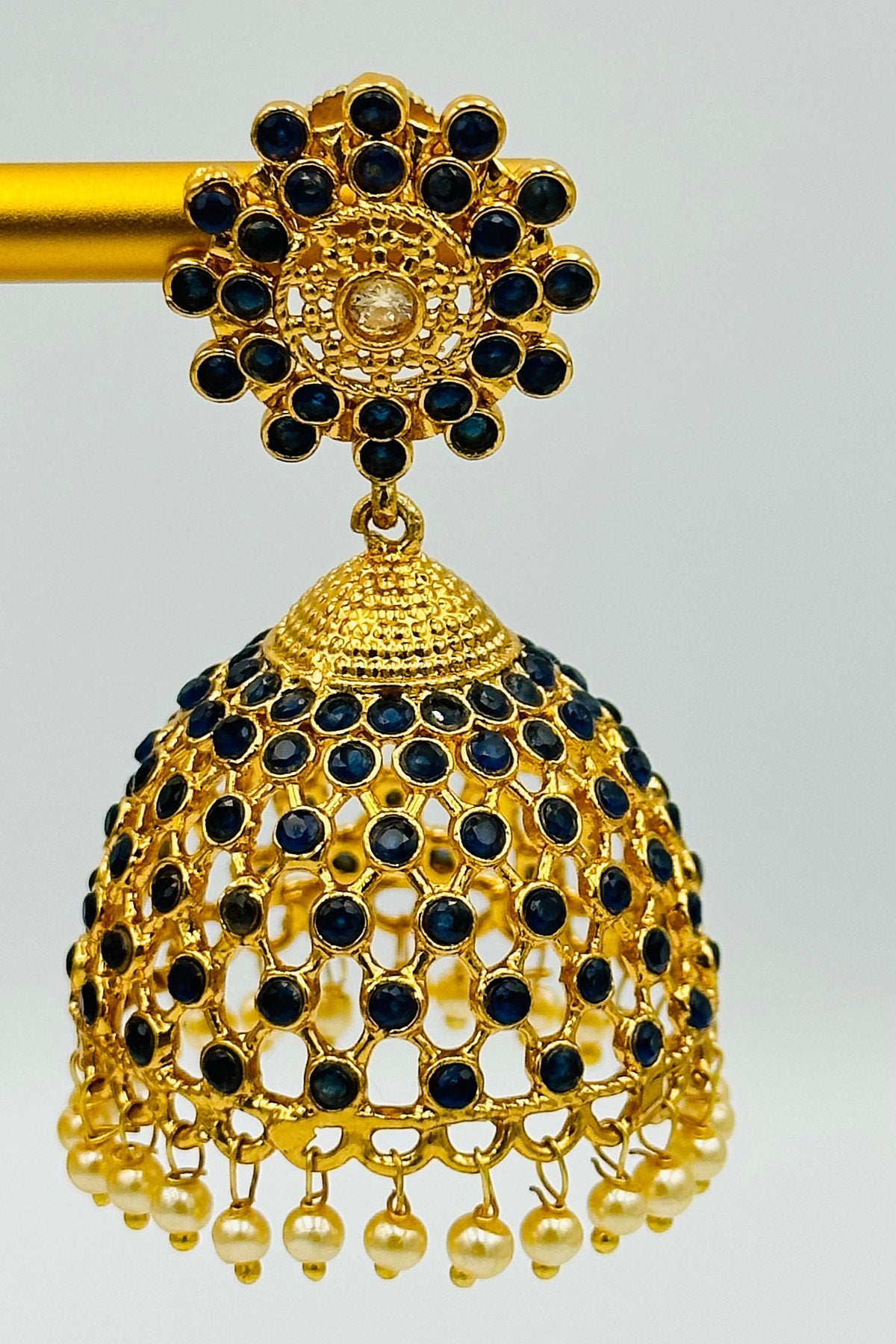 Jaal Pattern Jhumka Earrings with Stones and Pearls - swadeshsouq.com