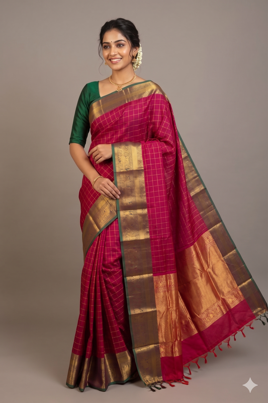 Chettinad Pure Cotton Handwoven Saree in Maroon with Green Border & Zari Pallu