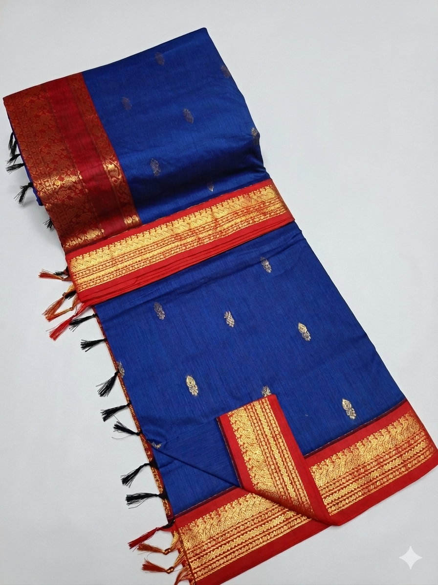 Elegant Blue & Red Kalyani Cotton Silk Saree with Rich Zari Woven Peacock Border