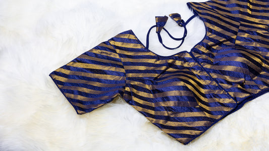 Dark Blue Silk Blouse with Golden Stripes | Free Size (Fits 32–40)