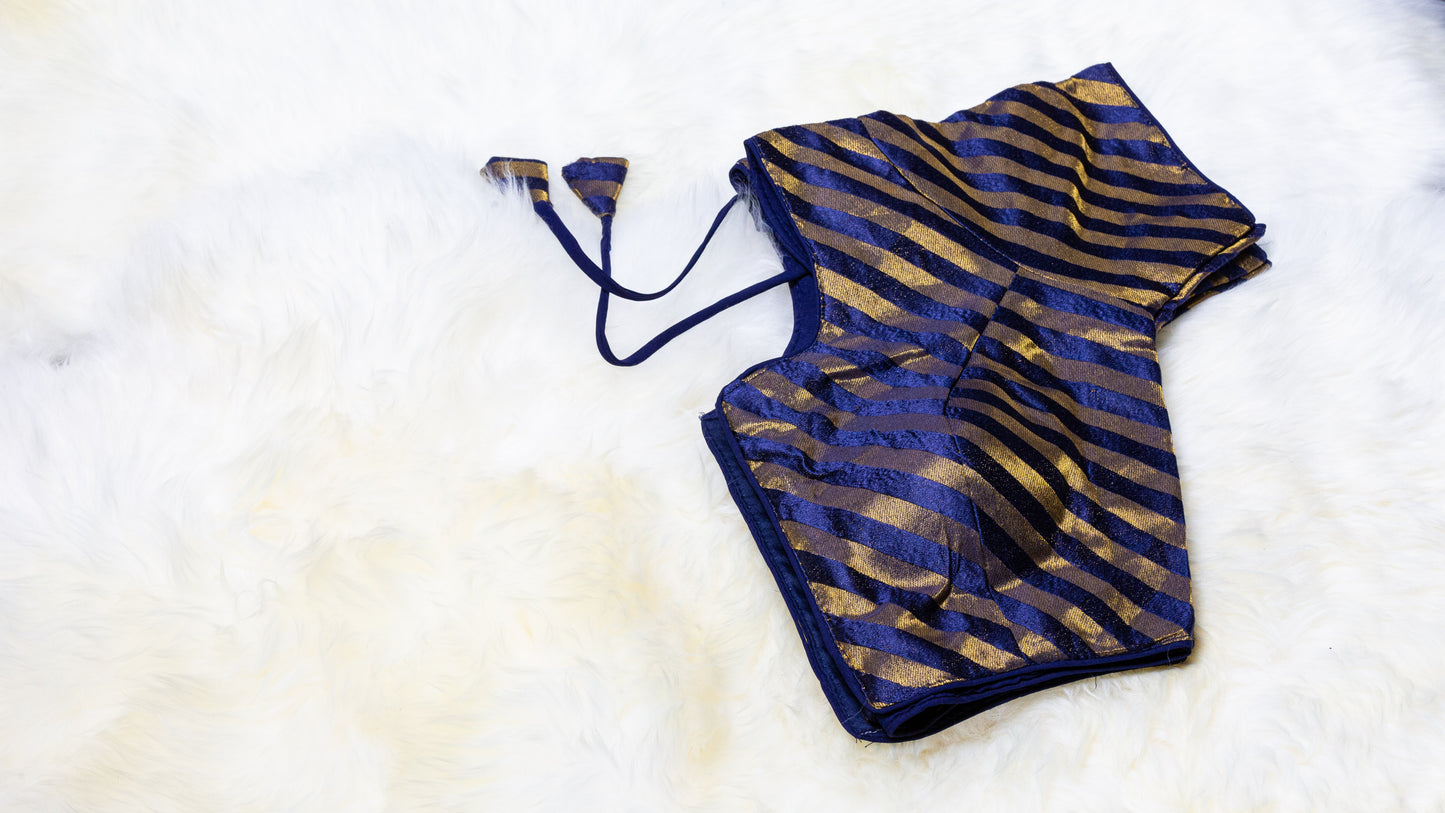 Dark Blue Silk Blouse with Golden Stripes | Free Size (Fits 32–40)