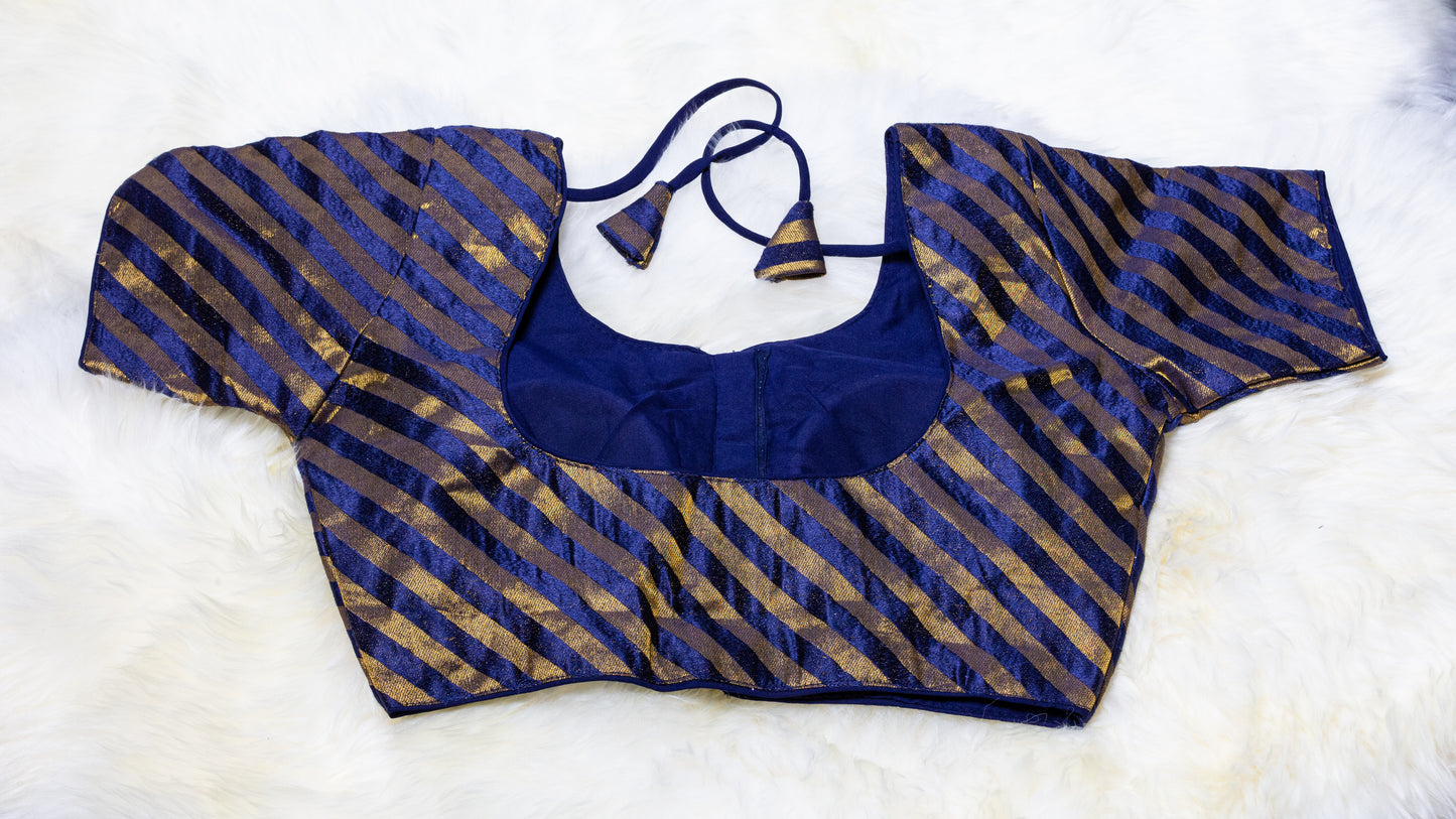 Dark Blue Silk Blouse with Golden Stripes | Free Size (Fits 32–40)