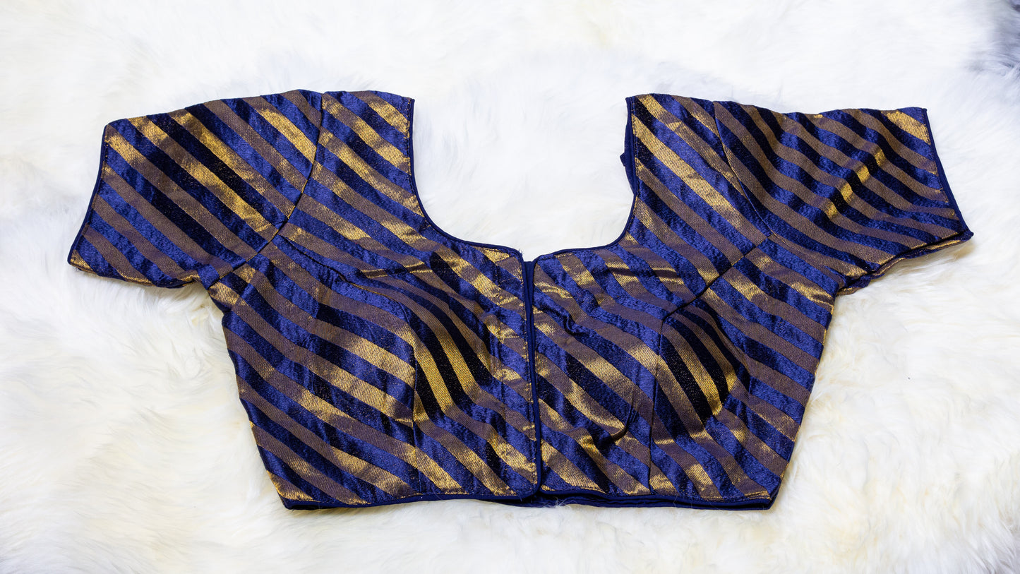 Dark Blue Silk Blouse with Golden Stripes | Free Size (Fits 32–40)