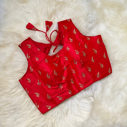 Classic Red Raw Silk Blouse with Golden Aari Embroidery
